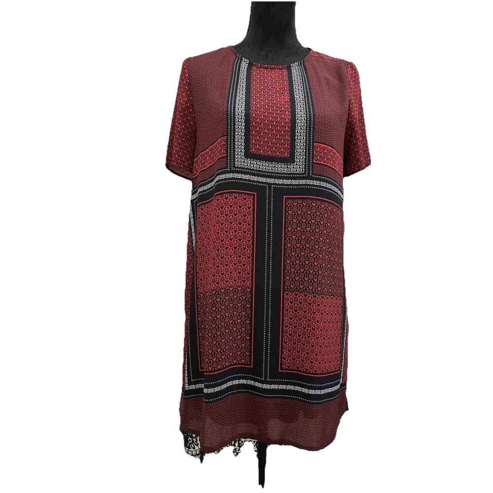 Express Size Petite Small Dress Red and Black Print Short Sleeve Zipper Lining